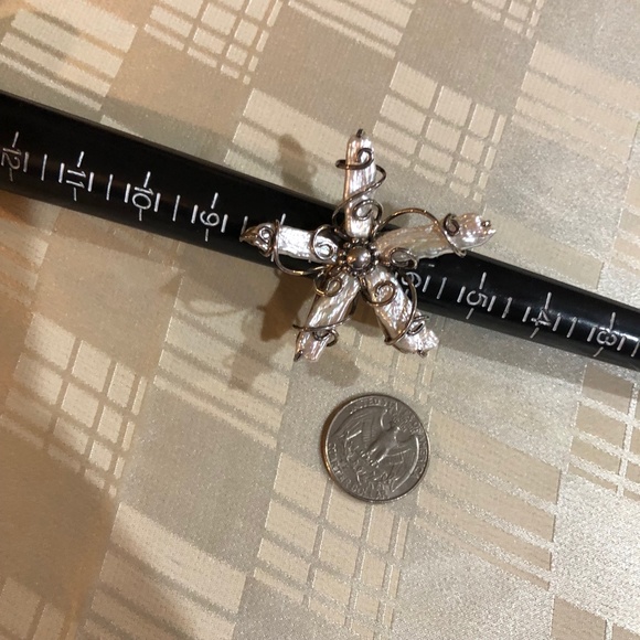 Huge Biwa Pearl Sterling Silver Flower Cocktail Ring  / Israeli Artist - sz 7